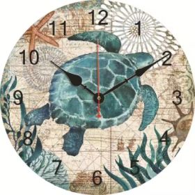 Silent Non Ticking Round Wall Clock, Vintage Ocean Sea Turtle Starfish Map Home Decor Battery Operated For Living Room, Kitchen, Bedroom (Option: Default)